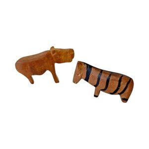 Vintage Wooden Animals African Figures Zebra Hippo Miniature Primitive Carved
